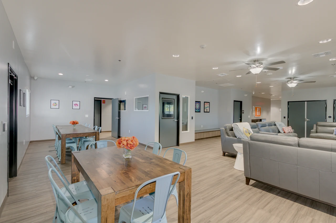 Shared living and dining space with gray sofas and dining tables